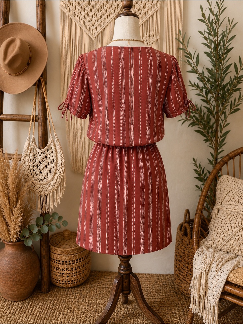Blush Rust Striped Button-Front V-Neck Mini Dress - Picture 2 of 3